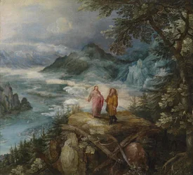 Weite Gebirgslandschaft mit der Versuchung Christi